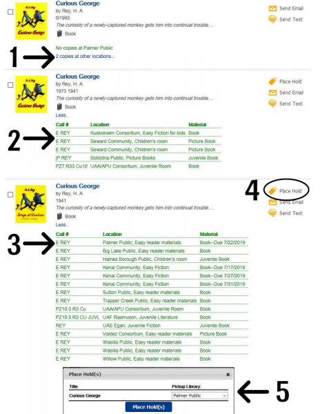multiple book records for curious george, showing lications and check out status.