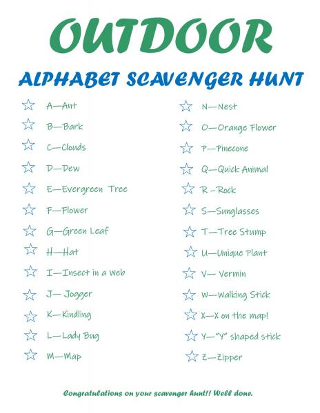 list of outdoor scavenger hunt items.