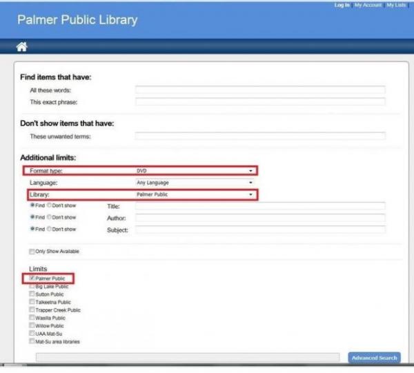 Format Type &quot;DVD&quot;, Library &quot;Palmer Public&quot;, Limits &quot;Palmer Public&quot; all circled in red