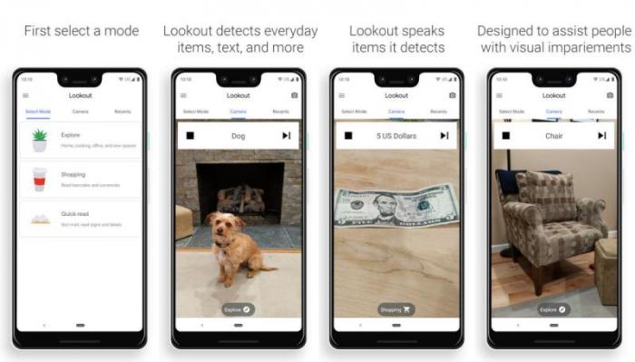 4 cell phones with photos of dog, money, chair, and shopping app