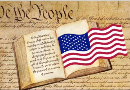 constitution background with an american flag flying out of an open book